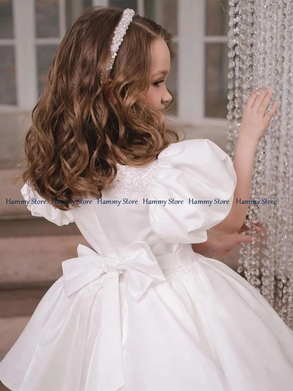 Vestido de flores de manga corta con cuello redondo para niña, vestido de fiesta de desfile con lazo grande, Puff para niños, primera comunión