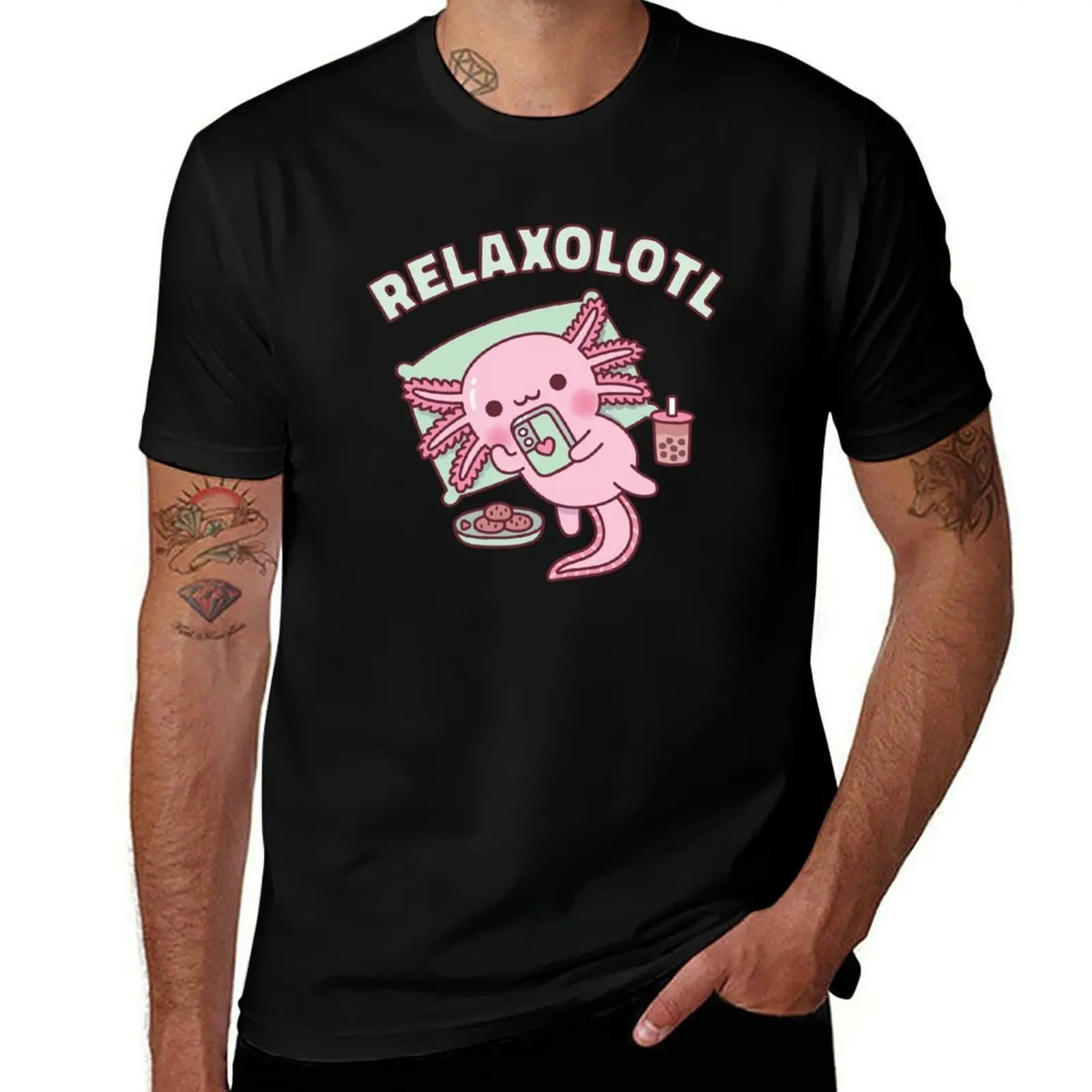Cute Axolotl Chilling With Handphone Relaxolotl Funny T-Shirt Plus Size Summer Casual T-Shirt