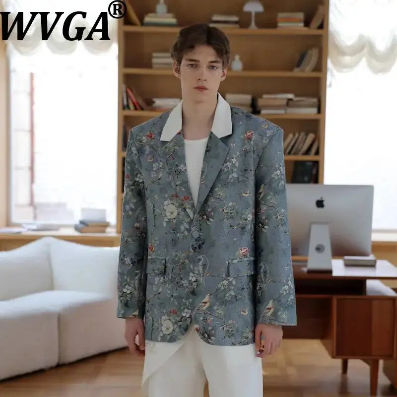 WVGA Spring Autumn New Men Floral Bird Printed Contrast Color Trendy Blazer Artistic And Unique Oil Painting Style Jacket W24790