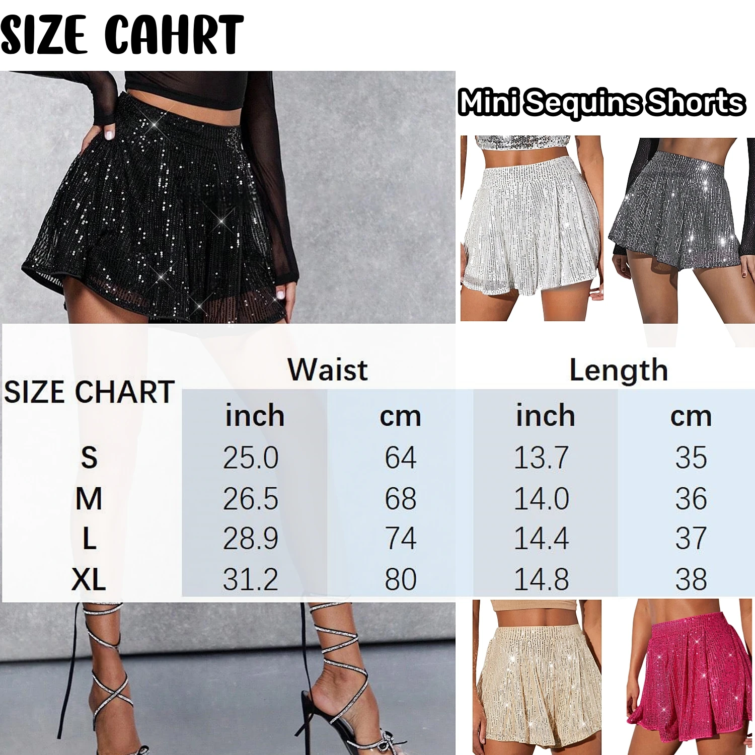 High Waisted Sequin Shorts for Women Elastic Straight Leg Sparkly Glitter Party Shorts