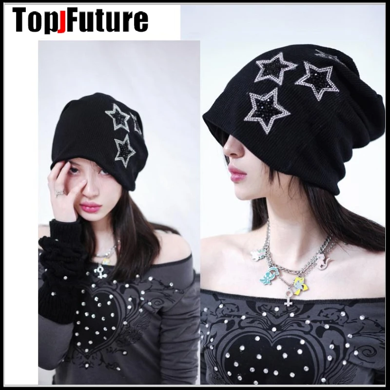 Harajuku Gothic Lolita Cosplay Star Bling Bling twinkle hat Cap Autumn Winter Y2K Girl Women's Punk five-pointed stars hats