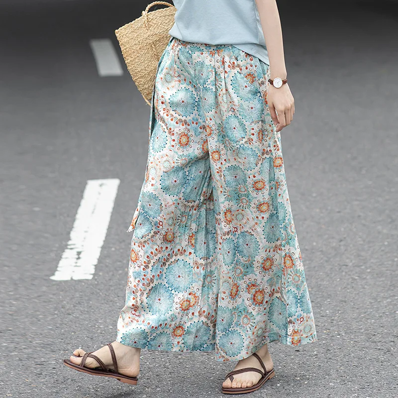 

Summer Culotte Pants Women Literary Retro Cotton And Linen Pants High Waist Wide Leg Trousers Floral Baggy Joggers Sweatpants