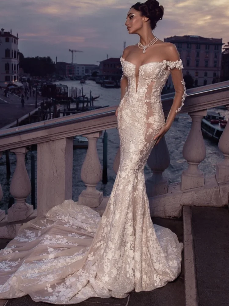 

2025 Women's Custom Wedding Dress Off Shoulder Design Long Sleeves Mesh With Lace Deep V-Neck Fishtail Skirt Sexy Luxury