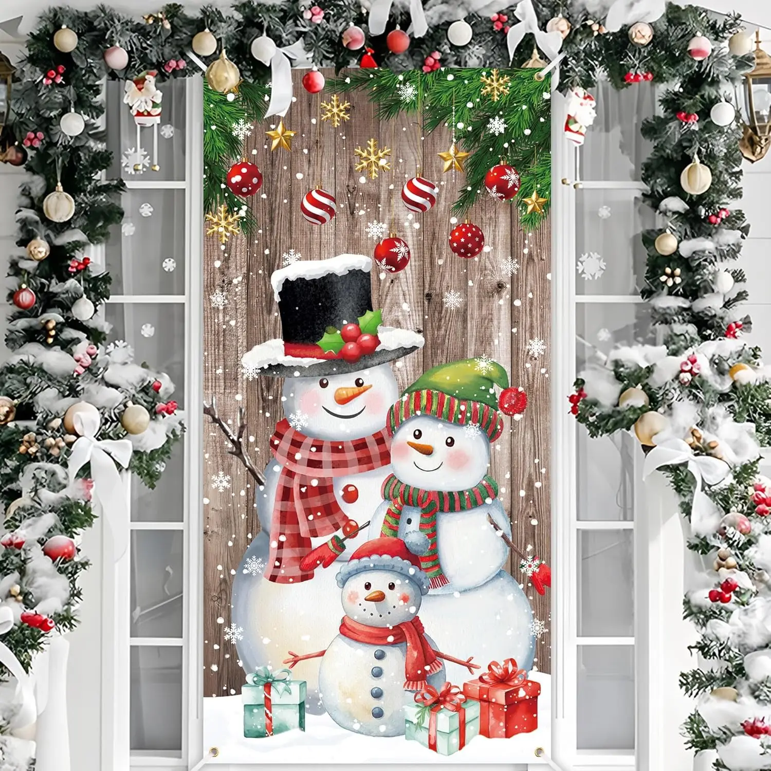 Weihnachten Türvorhang Schneemann Familie Haustür Banner Weihnachtsfeier Hintergrund Fotografie Hintergrund Dekoration Weihnachten