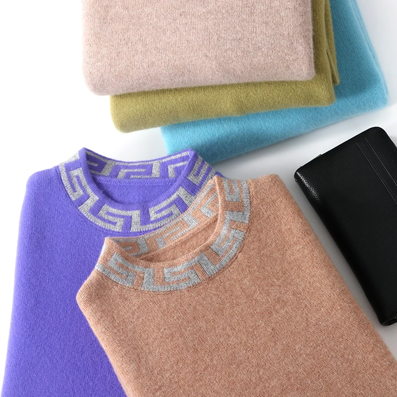 Autunno e inverno nuovo maglione di cashmere da uomo girocollo colore abbinato maglione casual spesso 100% pura lana lavorata a maglia fondo