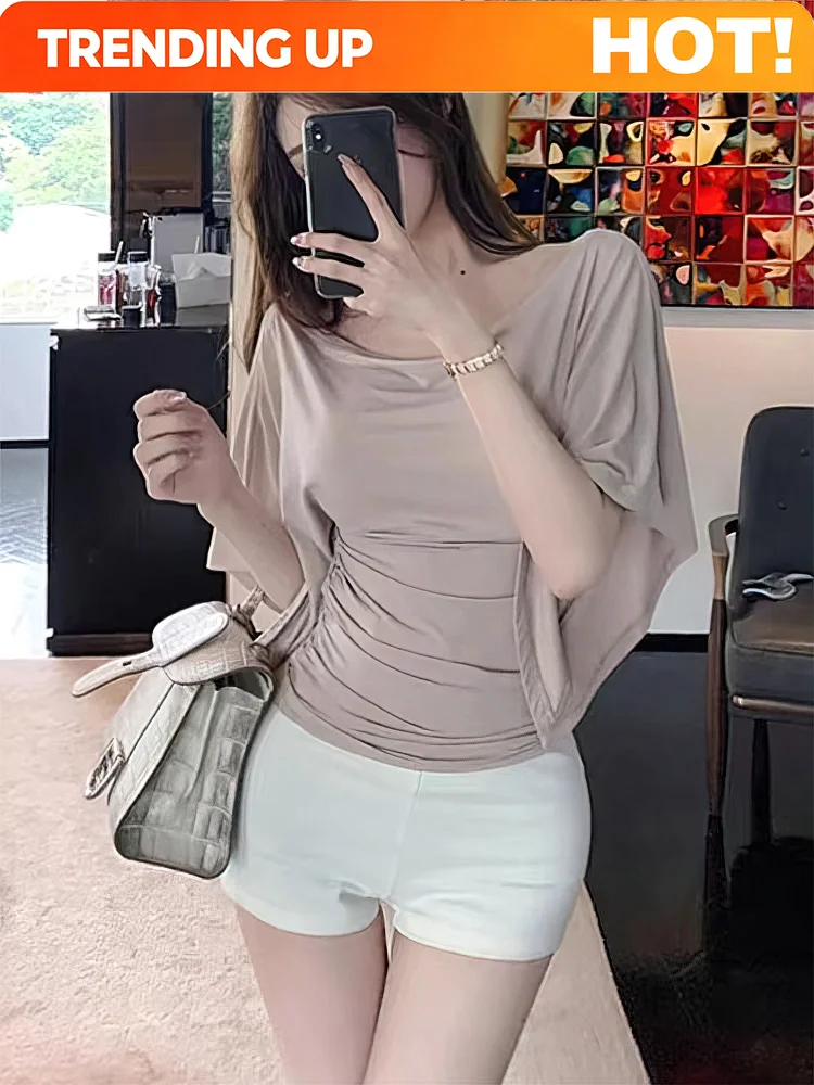 Customization Sexy Summer Off Shoulder T Shirt Women Elegant Batwing Short Sleeve Cowl Neck Tops Korean Chic Tight Tshirt Lady T