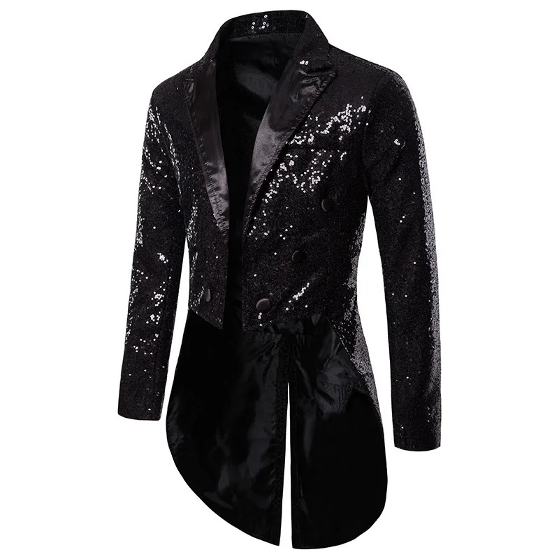 #4131 Sequins Blazer Coat Men Long Cardigan Kimono Jacket Man Loose Dovetail Asymmetrical Outerwear Blazer Coat Buttons Party