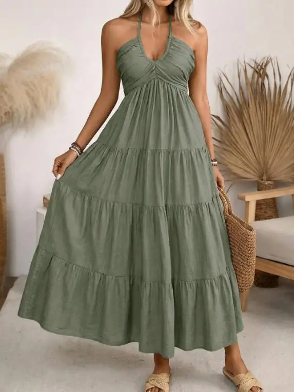 

2026 Summer Women's Green Hanging Neck Vacation Style Loose Long Dresses Female Clothing Beach Fashion Backless Pulling Dress