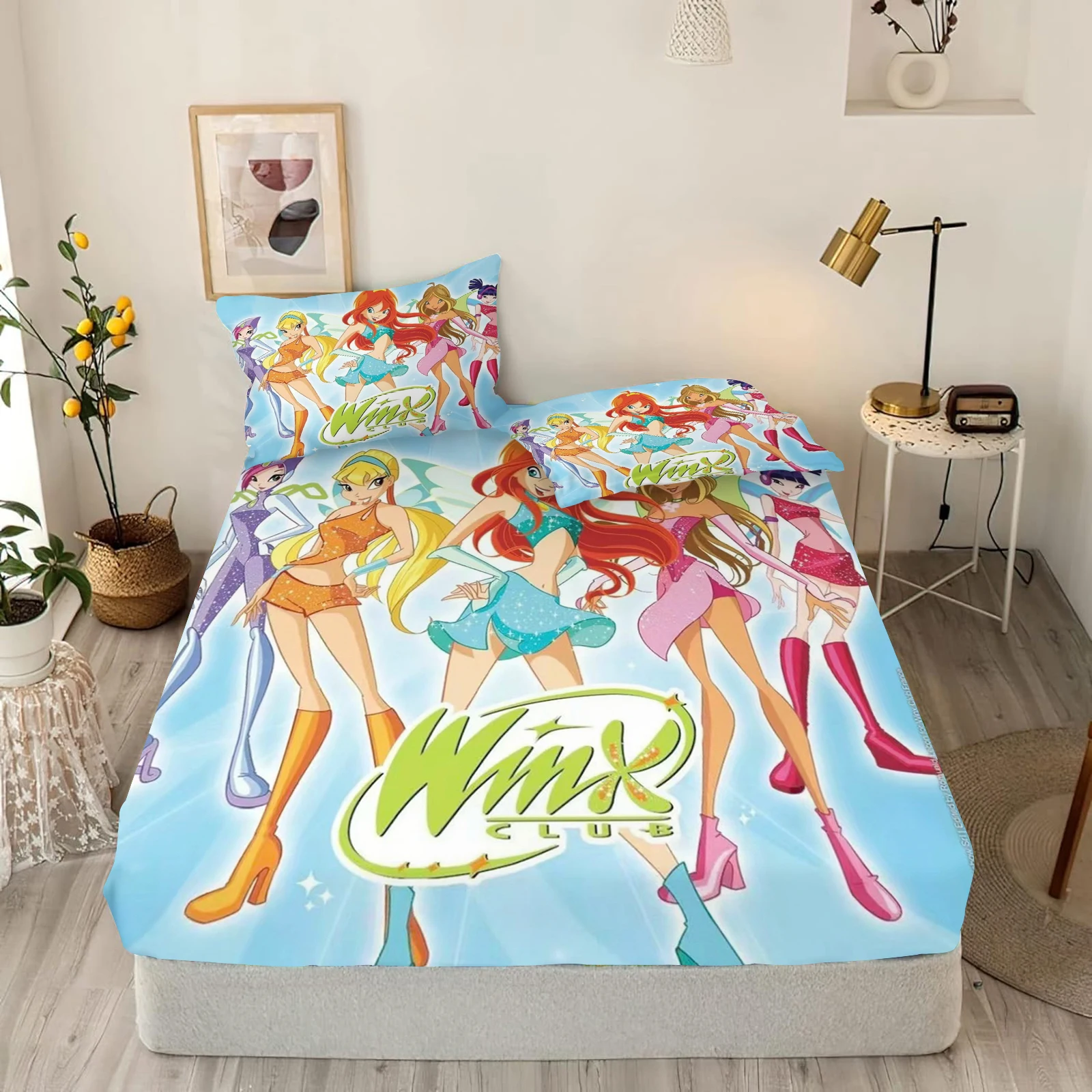 Winx Club-3D Bedding Set for Children and Adults, Fitted Sheet, Polyester with Pillowcase, Anime Printed, Girls