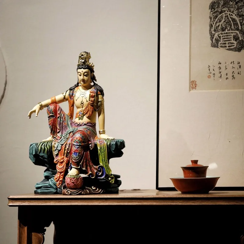 

Camphor wood painted water moon Guanyin Buddha statue indoor entrance home furnishing cultural and play ornaments collection