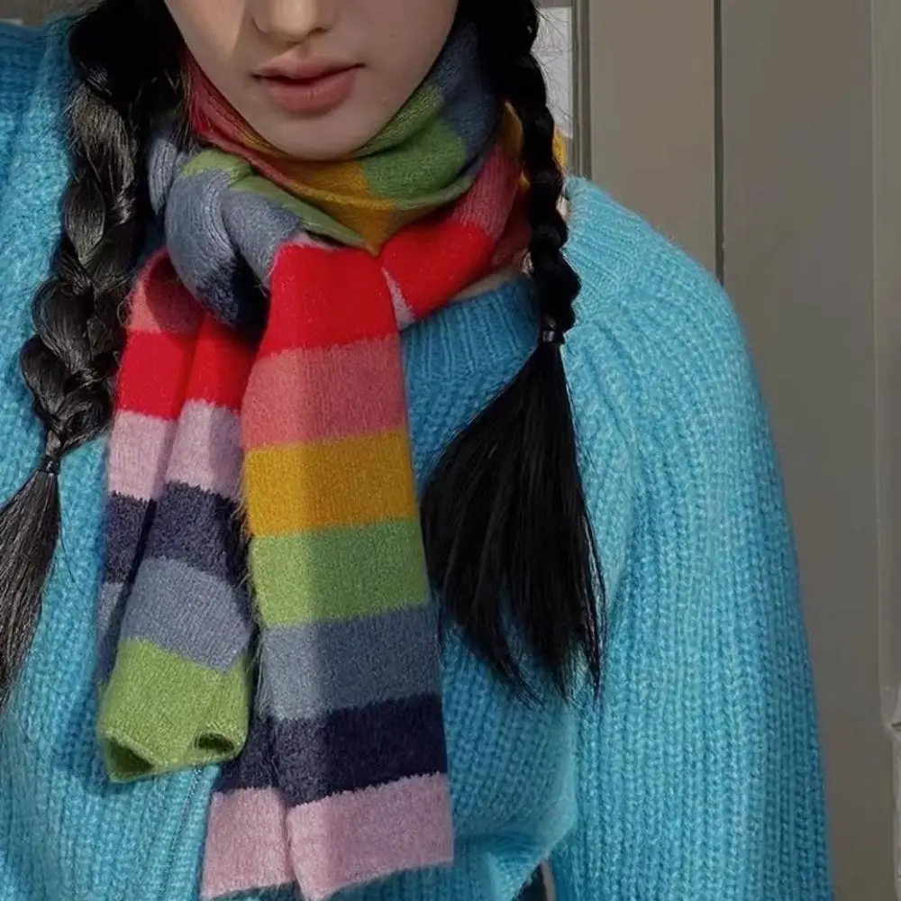 Sciarpa in mohair a strisce arcobaleno per uomo e donna Sciarpa corta in lana con strisce di blocco colore caldo invernale Sciarpe lavorate a maglia per studenti Novità