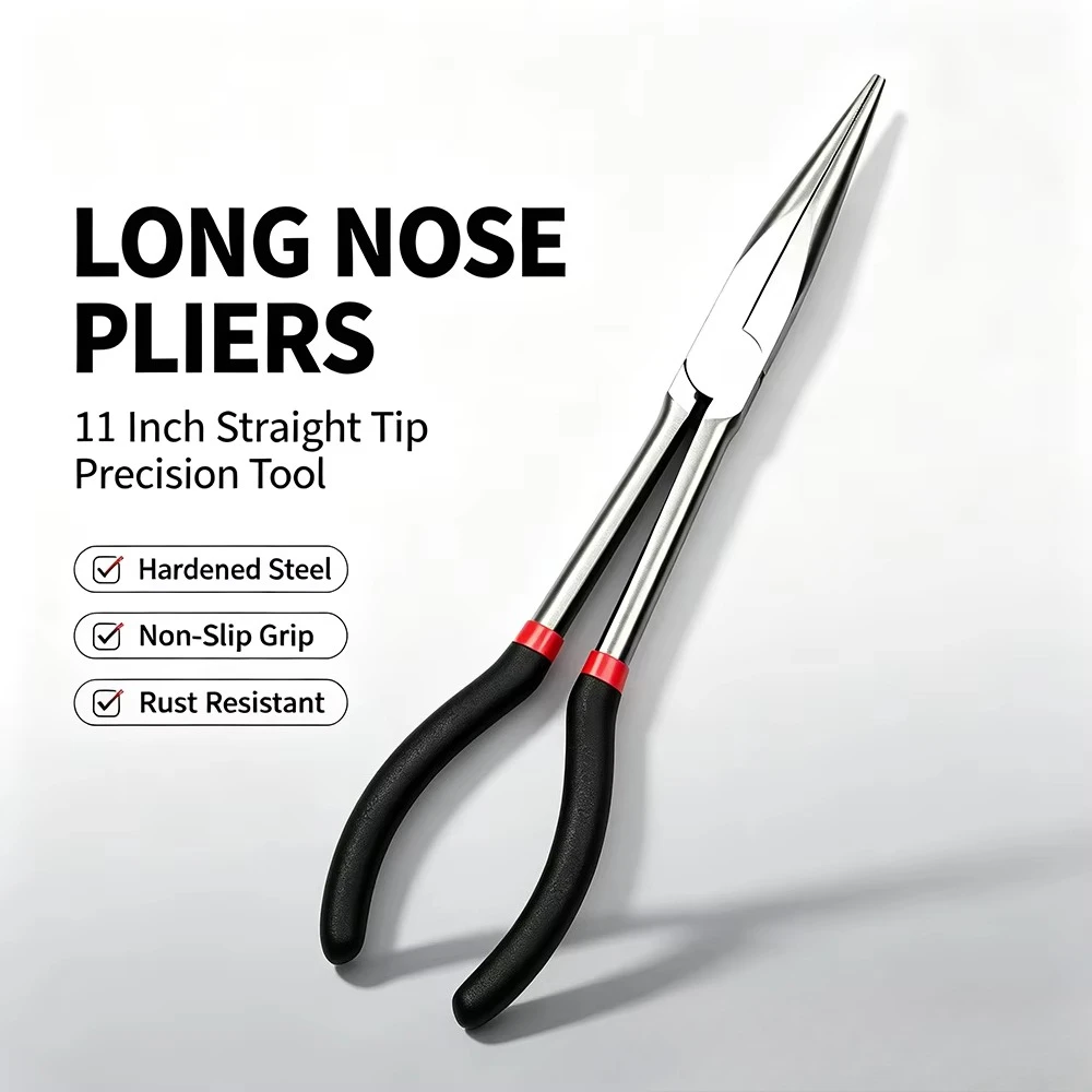 1PC Extended Handle Straight Needle Nose Pliers 11 Inch Heavy Duty Long Reach Plier for Hard-to-Reach Areas Machinery Repair