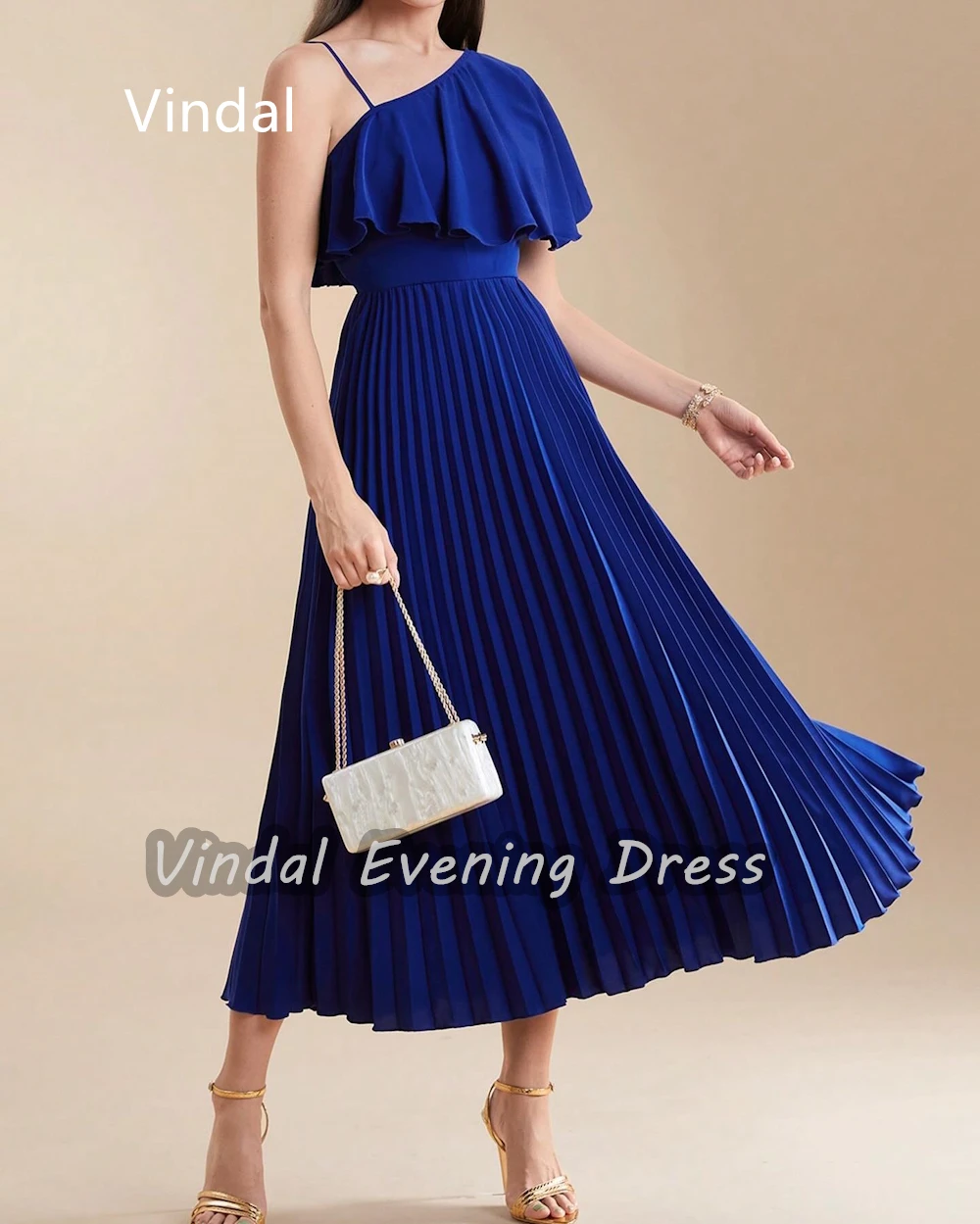 Vindal Crepe Knee length Flower One Shoulder luxurious Ruffle A-Line Breast Padding Elegant Short Sleeves السعود For Woman 2024