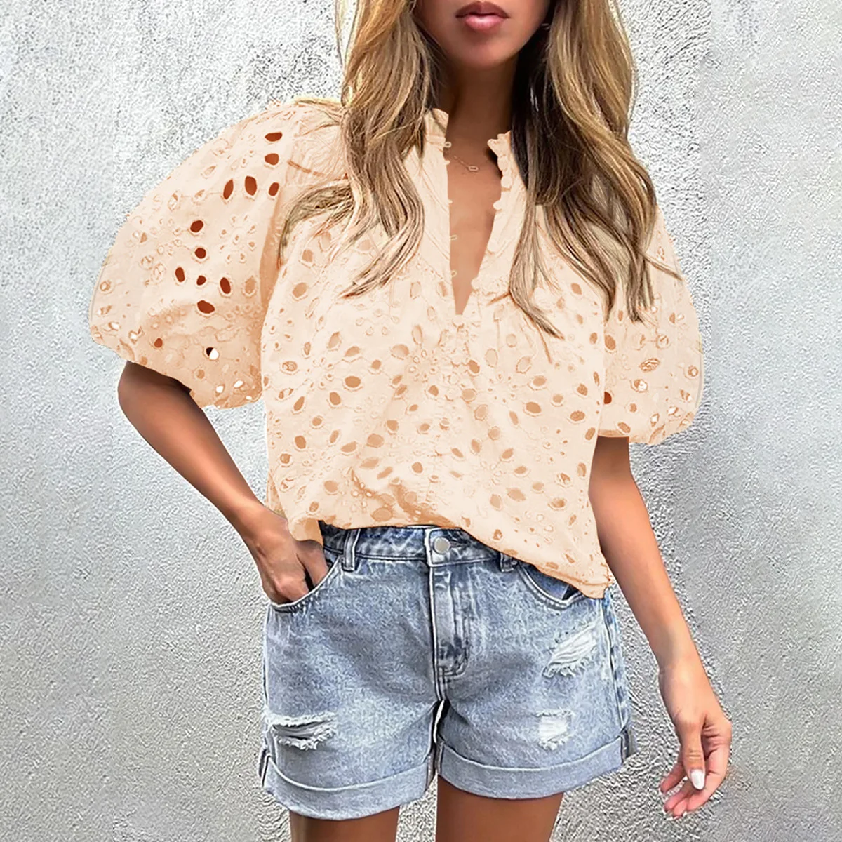 Women's Clothing Spring Summer Short Puff Sleeve Embroidered Shirt Hollow Out Solid Color Top Blouse Shirts Sexy