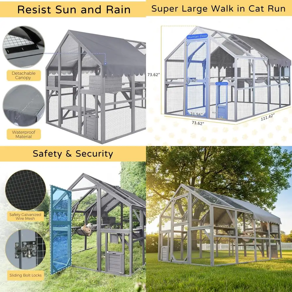 

Extra Large Waterproof Outdoor Cat Enclosure for Multiple Cats with Bottom Pet Door and Roof Cover