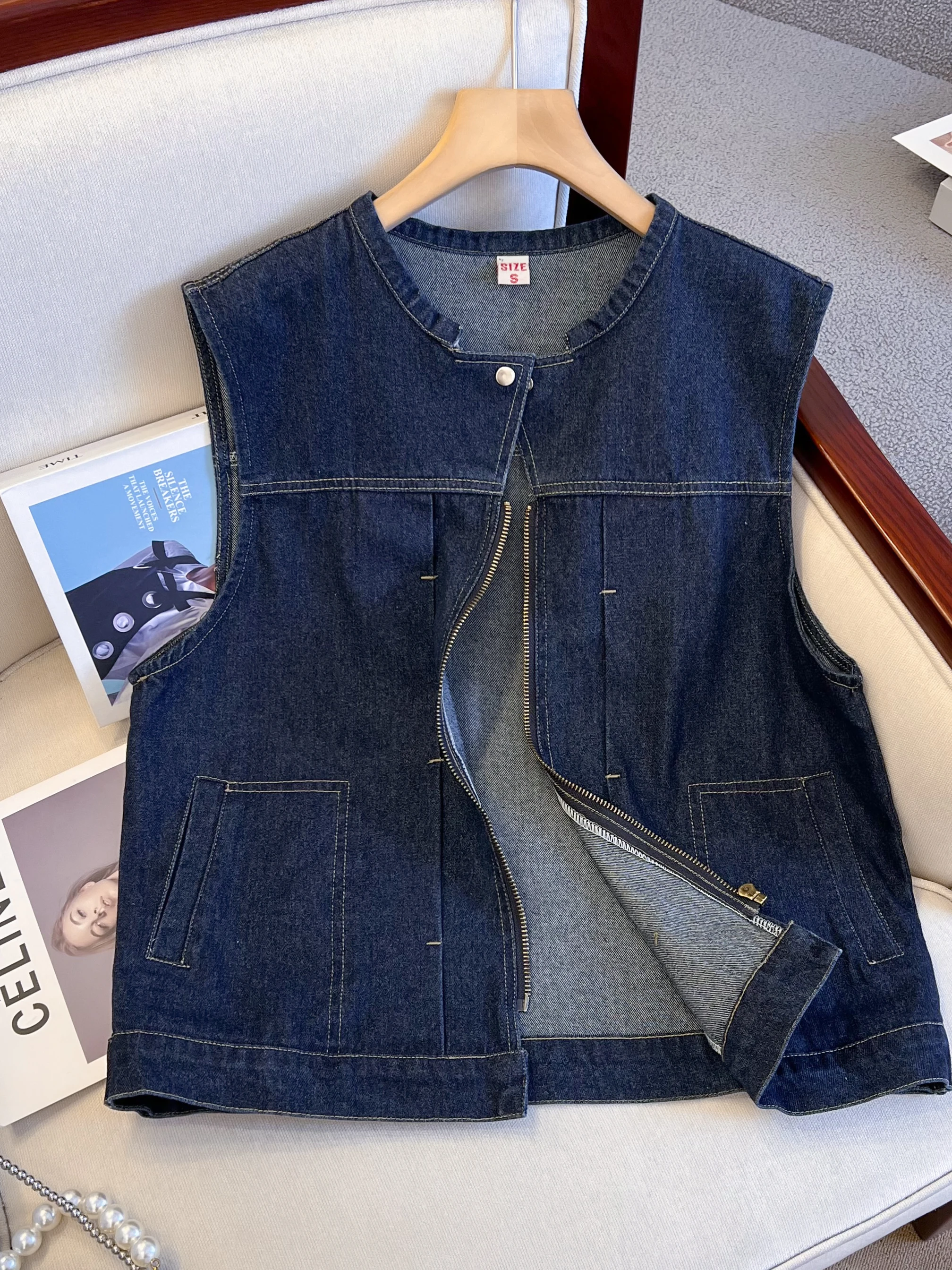 

Женский джинсовый жилет на молнии, осенний, многослойный, с завышенной талией, свободного кроя, в корейском стиле, для повседневной носки, цветной