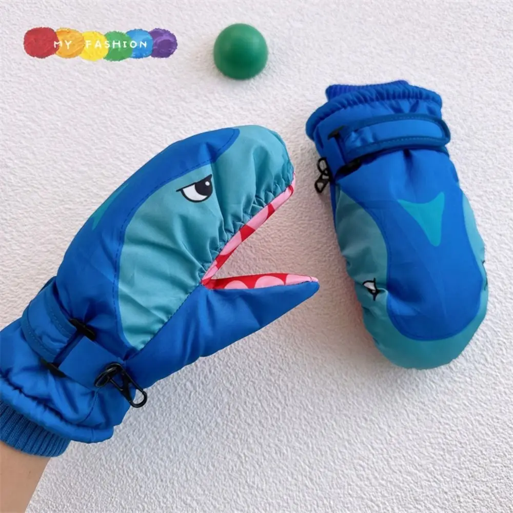 Ajustável dos desenhos animados crianças luvas de esqui quente com juntas snowboard mitten à prova vento tubarão padrão inverno luvas de esqui equitação