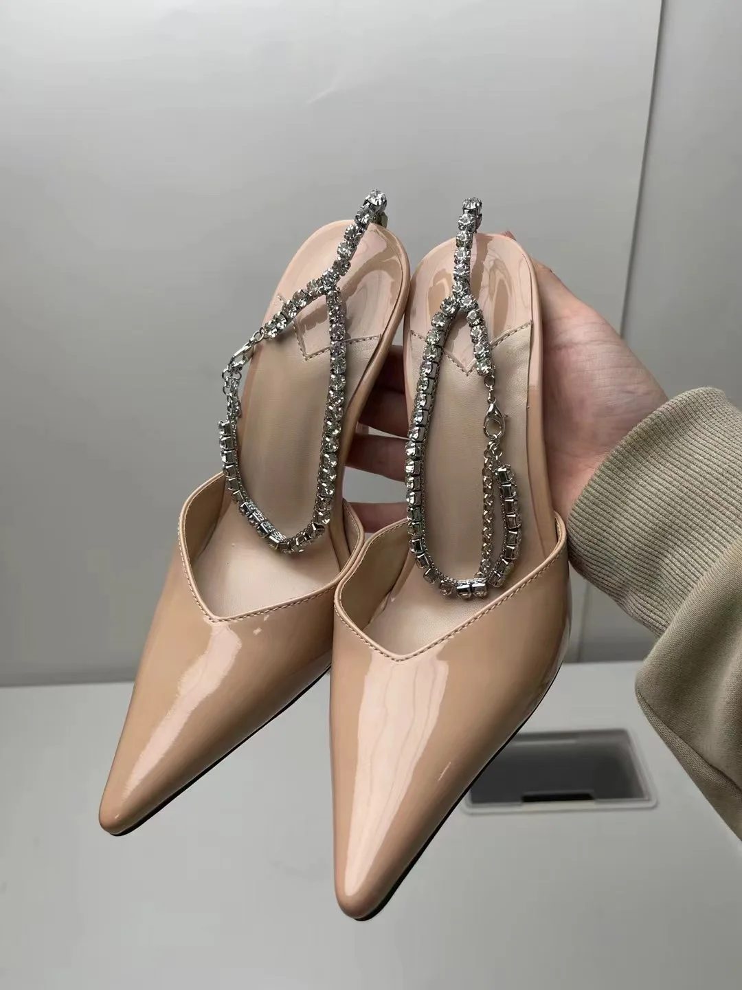 Bling Crystals Bowknot Women Sandals Fashion Ankle Chain Summer Super High Heels Mules Pumps Slides High Quality Female Shoes