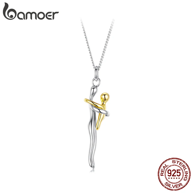 Bamoer 100% 925 Sterling Silver Hug Pendant Necklace Two-Toned Love Friendship Mom Child Embrace Family Anniversary Jewelry Gift