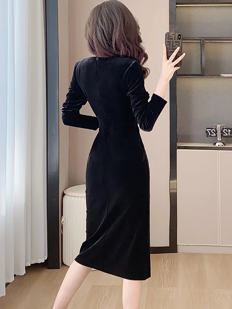 Imagem -06 - Feminino Black Velvet Patchwork Sequins Vestido Longo Chique Elegante Vestido Festival Coreano Luxo Tarde Outono Inverno 2023