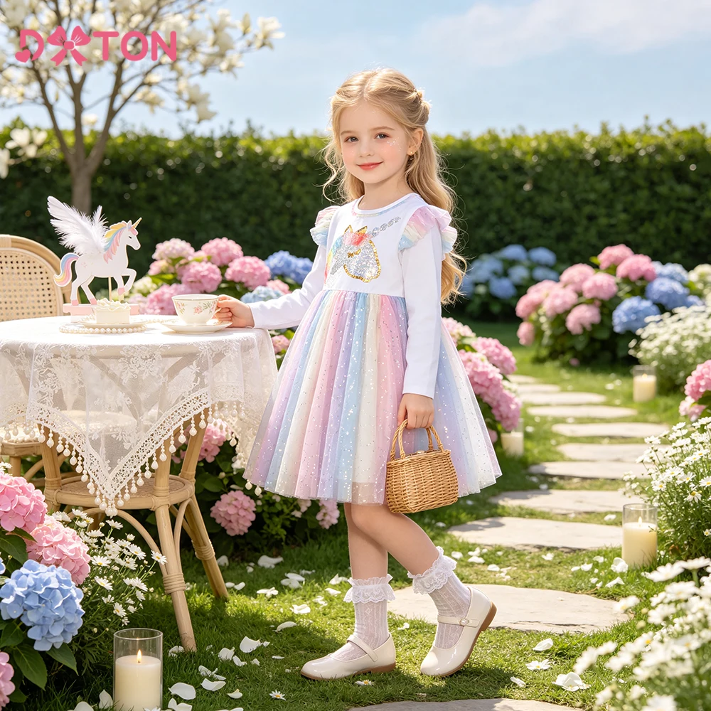 DXTON Kinder Casual Mädchen Kleider Einhorn Pailletten Cartoon Prinzessin Tutu Kleid Farbverlauf Herbst Kinder Schule Tägliche Party Kostüme
