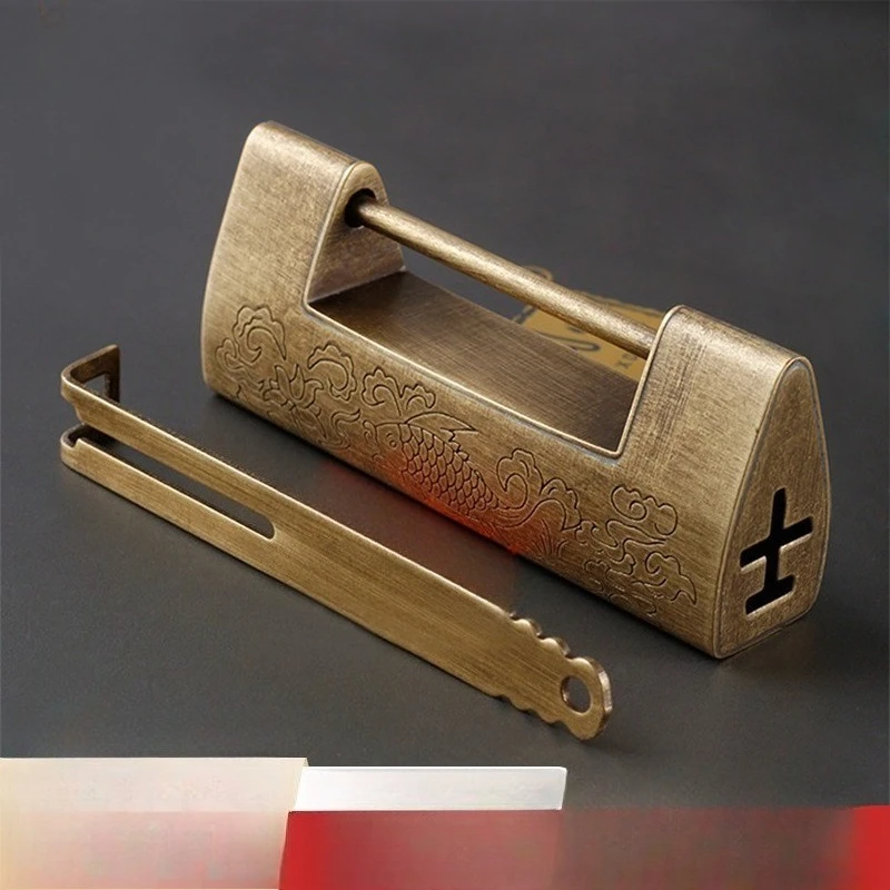 

Chinese Antique Horizontal Padlock Vintage Engraved Old Style Lock for Wooden Chest