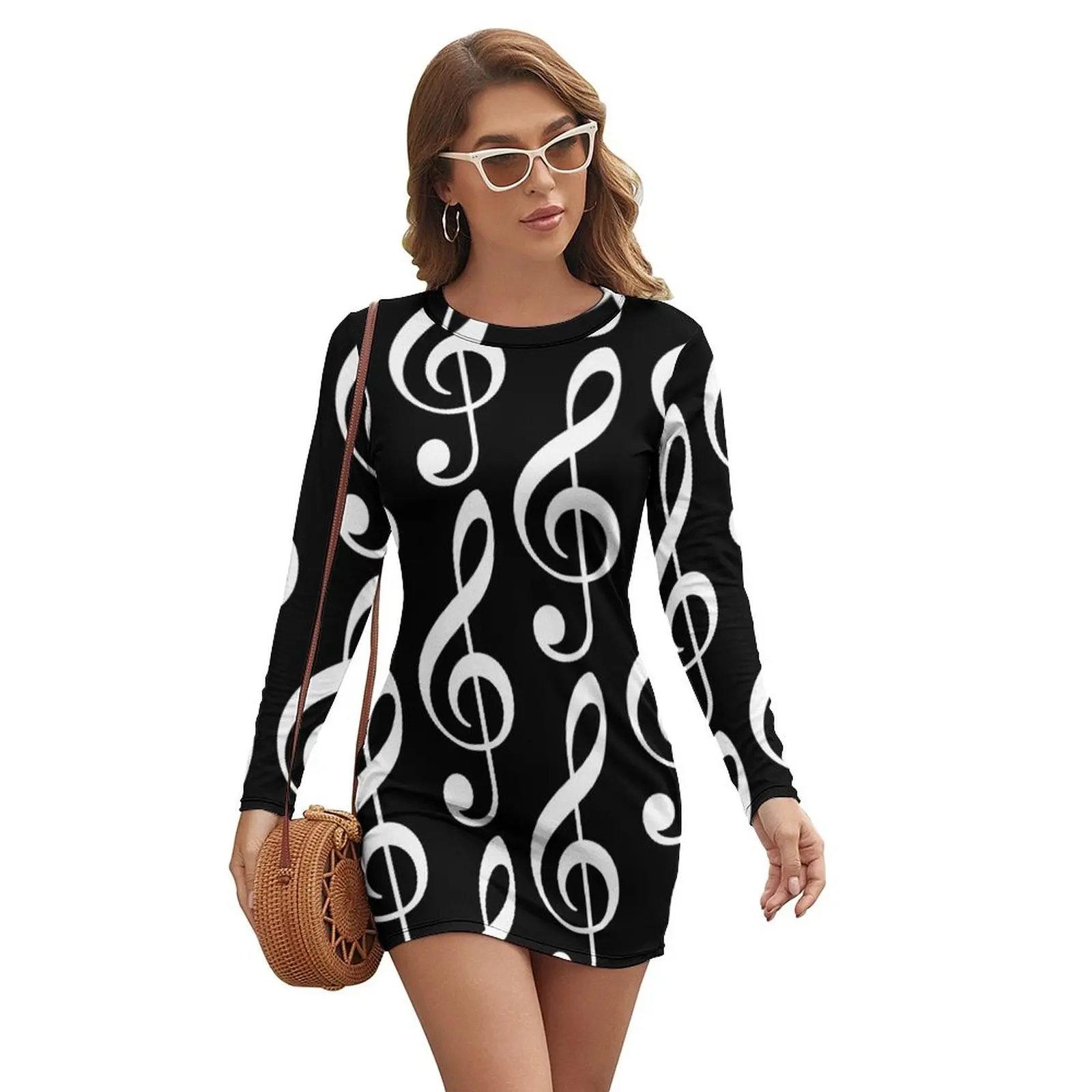 

White Treble Clef on Black Long-sleeved Dress women's summer jumpsuit Dance dresses