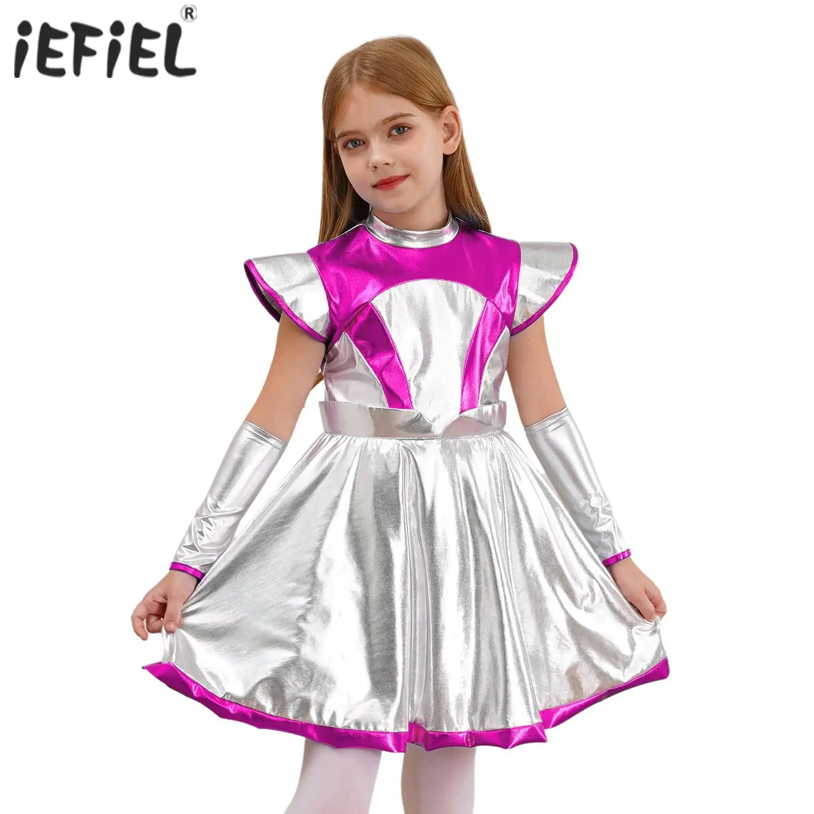 

Kids Girls Halloween Alien Cosplay Costume Outer Space Themed Party Dress Up Shimmering PU Patchwork Tutu Dress with Arm Sleevee