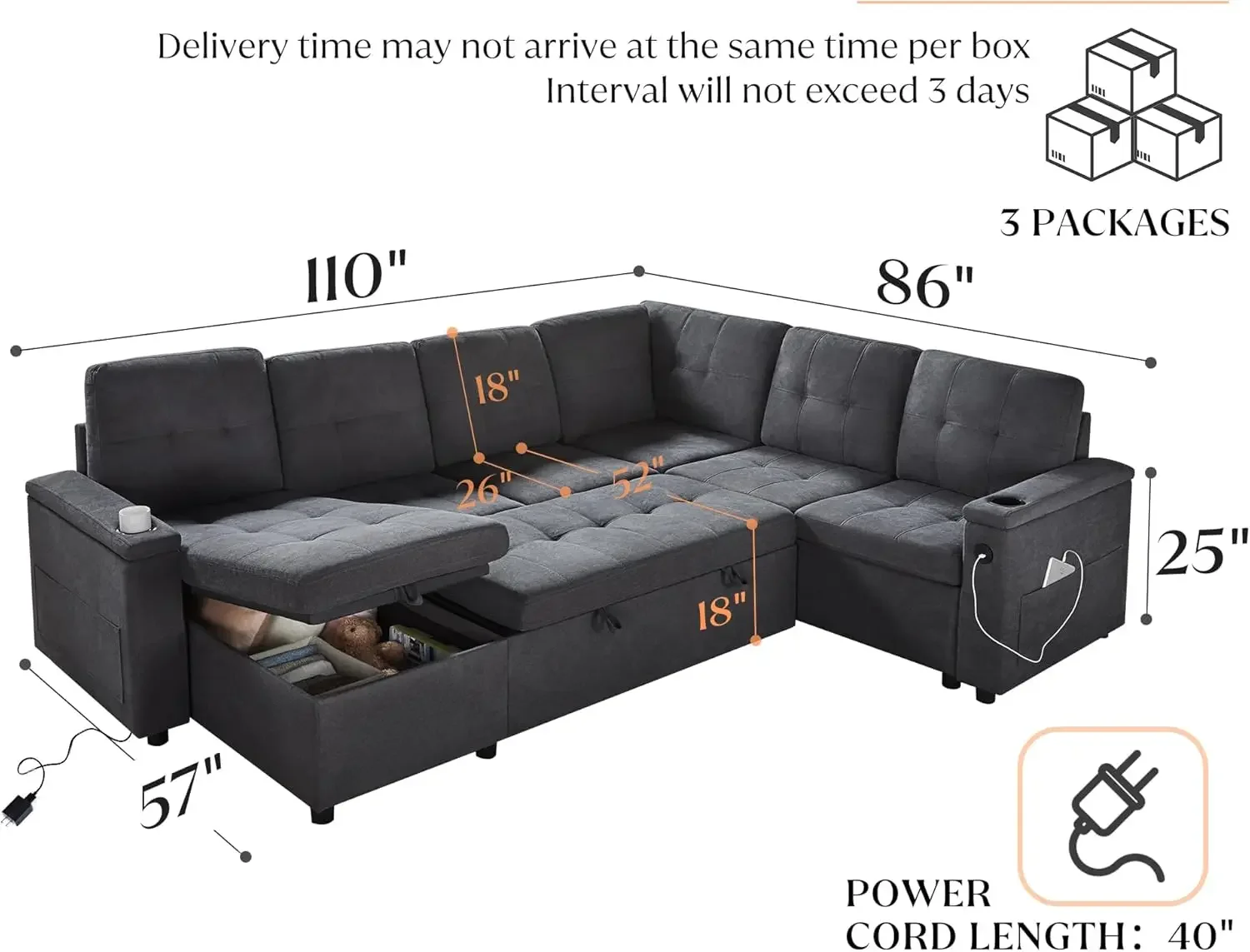 110 inch Sleeper Sofa with USB Charging Ports & Cup Holders Pull Out Sofa Bed with Storage U-Shaped Sectional Couch Dark Grey