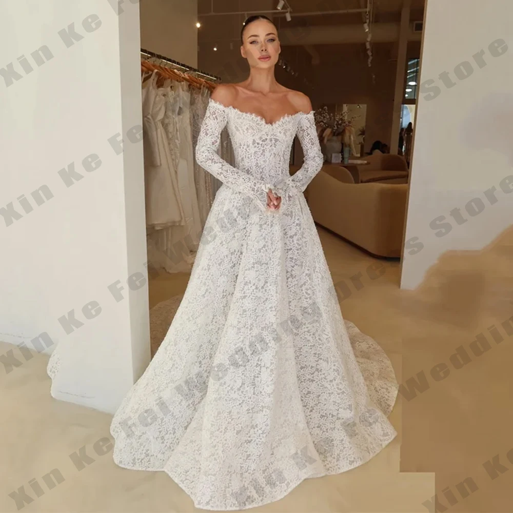 Elegant Women's Wedding Dresses Bohemian Lace Long Sleeve A-line Princess Bridal Gowns Sexy Off Shoulder Bride Dress Customized