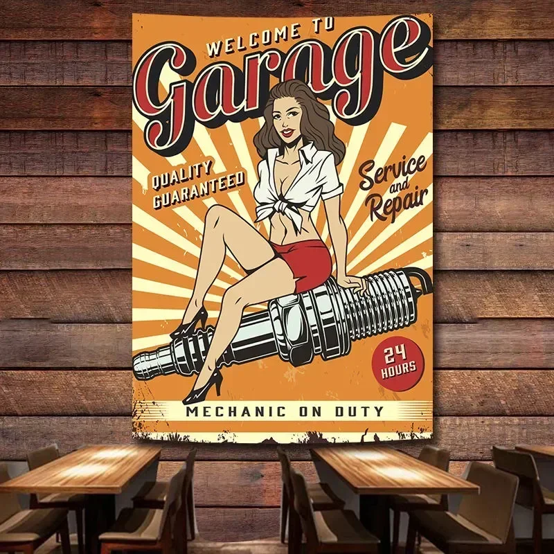 WELCOME TO GARAGE Vintage Car Repair Service Poster Tapestry Pin Up Girl Flag Wall Painting Auto Repair Shop Wall Decor Banner