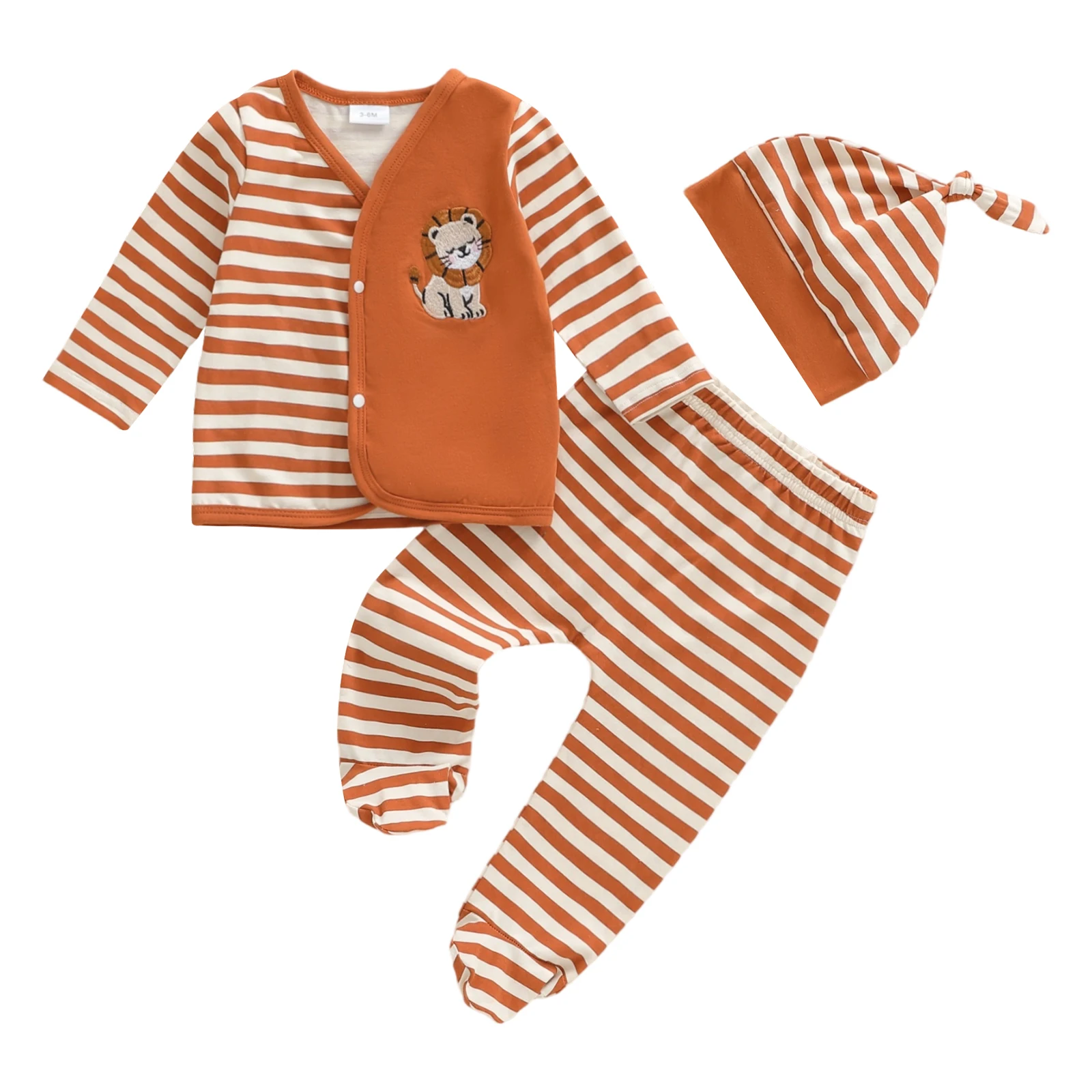 

Infant Boys 3-Piece Clothing Set with Long Sleeve Lion Embroidered Top Striped Pants and Matching Hat for a Complete Look