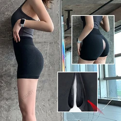 Sexy Women Leggings Shorts，Invisible Open Crotch Outdoor Sex，Foam Jacquard Yoga Pants，Fitness Sports Pants Training High Waist