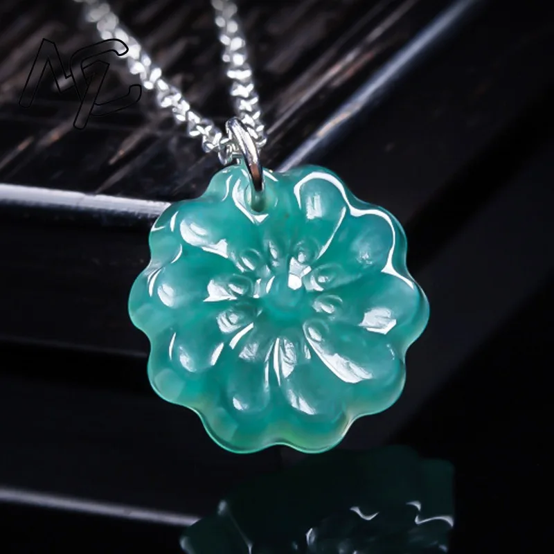 Hand Carved Natural Blue Water Jadeite Flower Pendant S925 Silver Chain Floral Jade Necklace Women Vintage Chinese Jewelry Gift - view 3