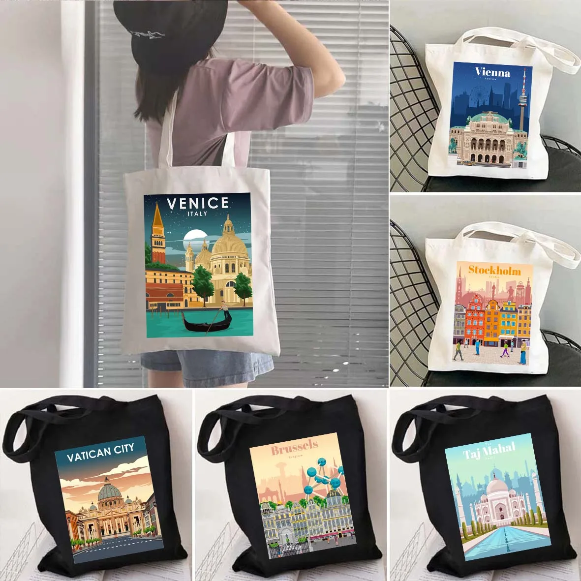 Singapore Sofia Stockholm Sydney Taj Mahal Venice Vienna Brussel Warsaw Yerevan Utrecht Canvas Shopping Tote Bag Shopper Handbag