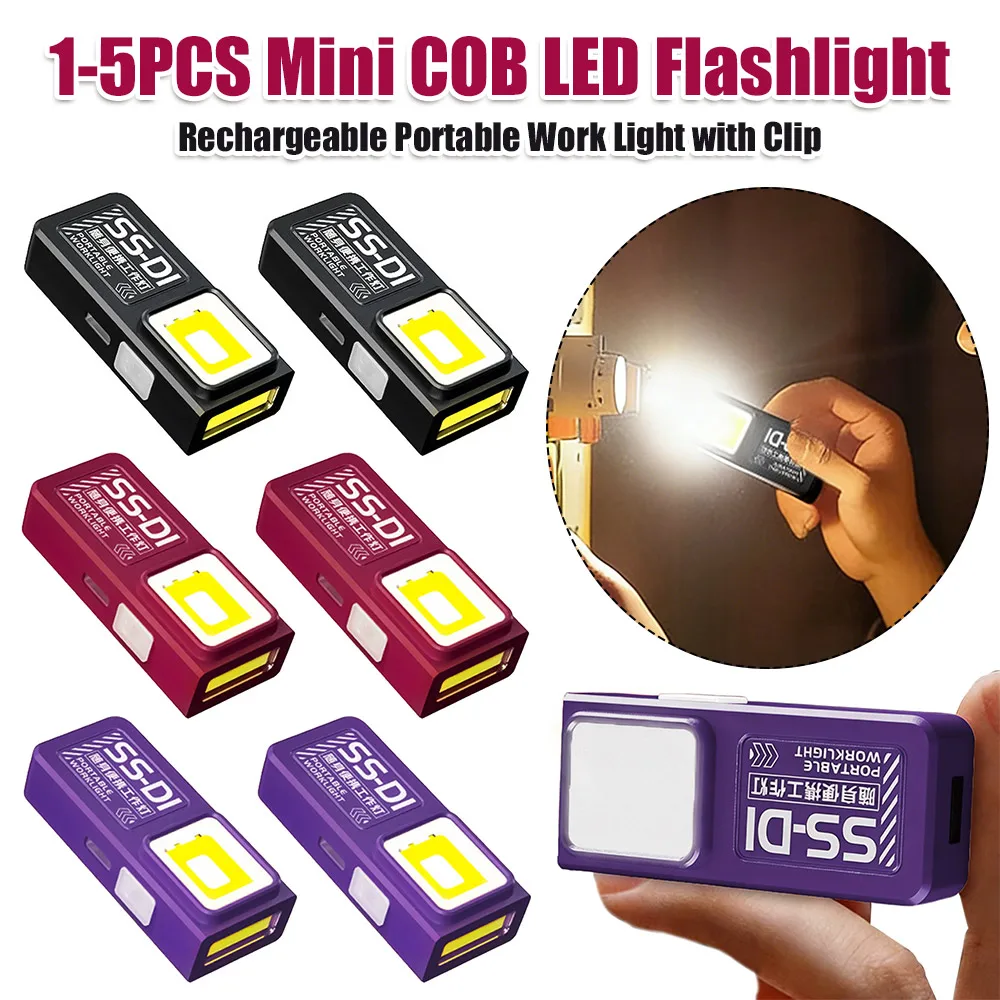 Mini COB LED Flashlight USB C Rechargeable Portable Work Light EDC Camping Walking Pocket Lamp for Emergency Camping Home
