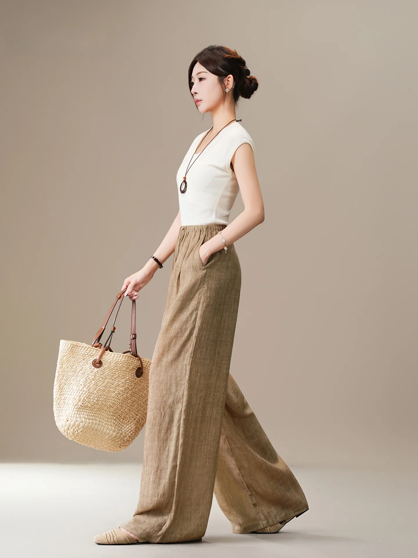 Khaki High-End Linen Women's Summer New Loose Feeling Lyocell  Cool Wide Leg Pants Casual High Waist Elastic Fabric
