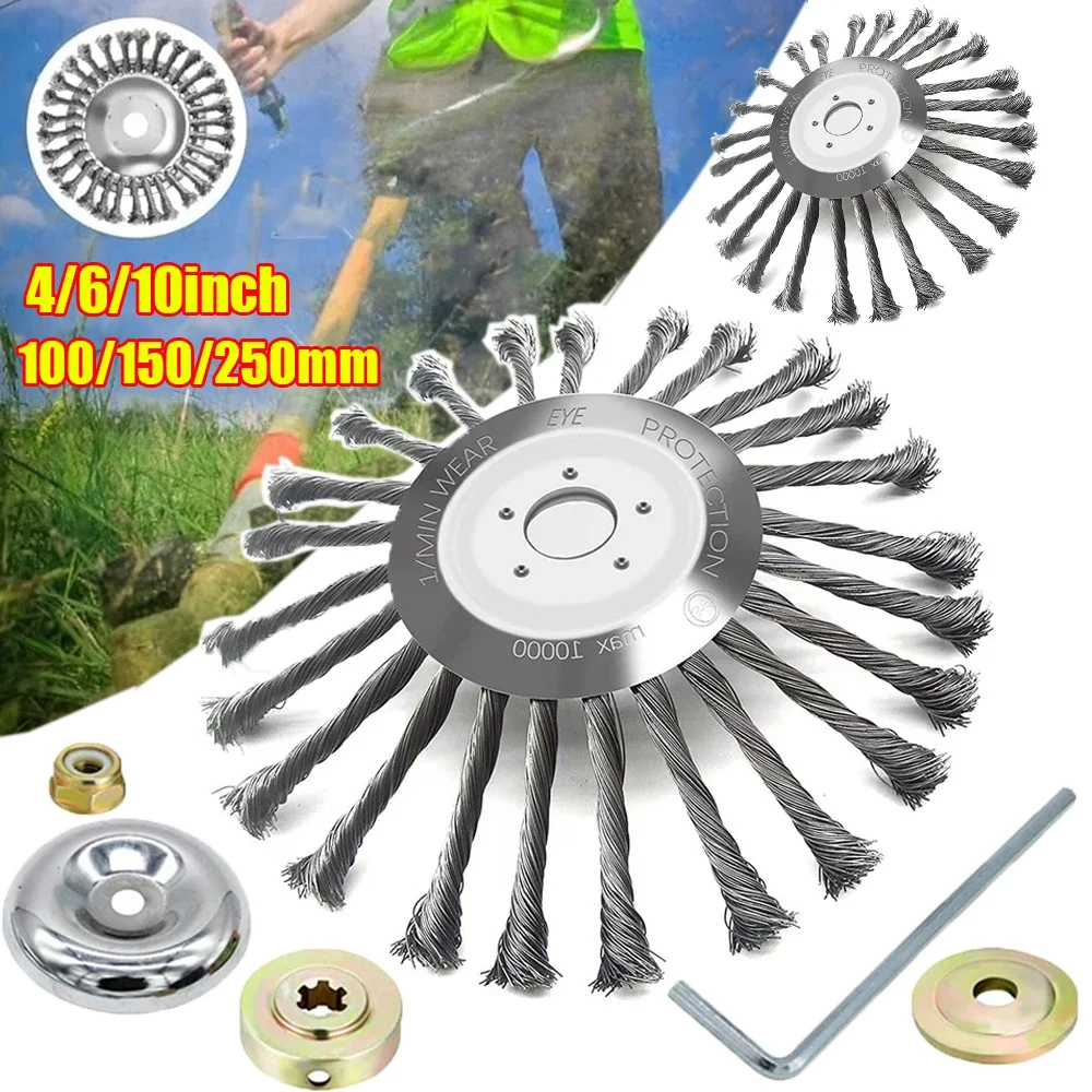 4/6/10inch Steel Wire Brush Trimmer Head Weeding Brush Head with Universal Adapter Kit Gardening Lawnmower Removal Moss Grass