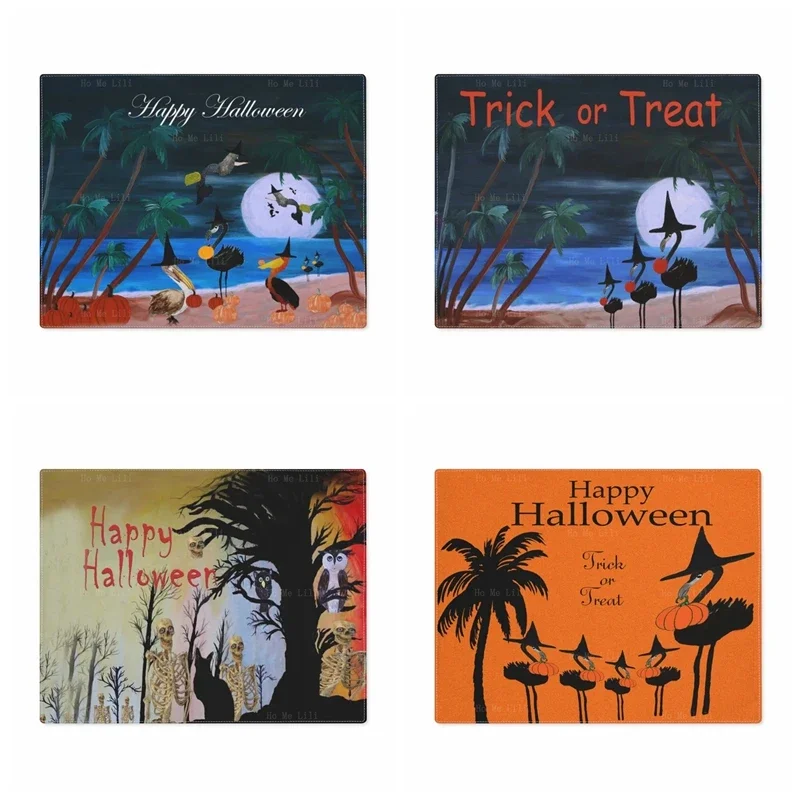 Halloween Pelicans Coastal Beach Flamingo Witch Trick Or Treat Skulls Black Cat And Spooky Owl In Tree Holiday Party Placemats