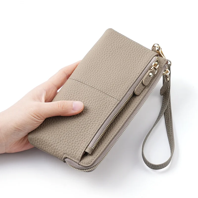 Litchi Grain Genuine Leather Three Zipper Women Wallet Multi-function Phone Bag Detachable Wrist Strap Coin Purse for Ladies