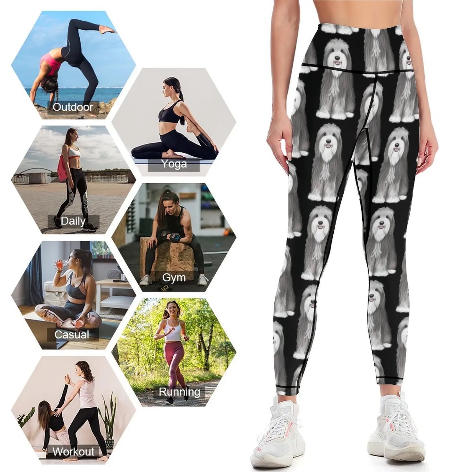 Collie Cartoon Dog Leggings feminino, bonito barbudo, calças esportivas, corredores de ginástica, camisas esportivas