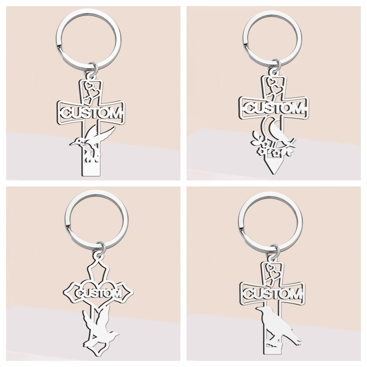 

Jeshayuan Customized Name Cross Keychain Bird Peace Dove Key Ring Chain Cute Animal Custom Keychains Lucky Charms Jewelry Gift