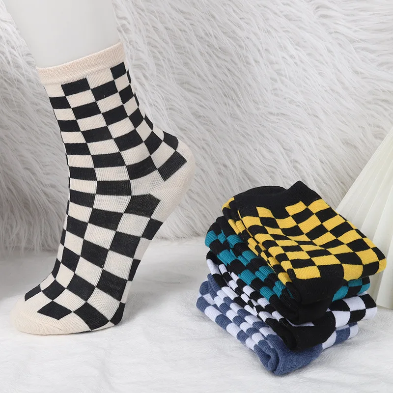 5 Pairs/Set Colourful Checkerboard Unisex Socks Simple Plaid Use For Daily Sports Suit In All Seasons