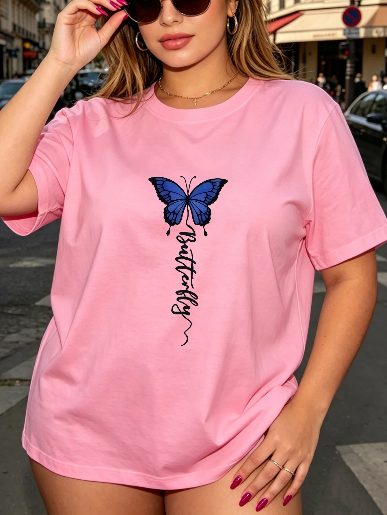 Women Crew Neck Tee Blue Butterfly Cursive Letter Print Short Sleeve Loose Ladies Summer Soft Cotton Plus Size Casual Street Tee