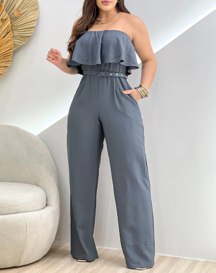 Jumpsuit dengan sabuk pakaian harian wanita, baju monyet longgar desain saku pinggang tinggi kasual dengan sabuk tanpa lengan Bandeau