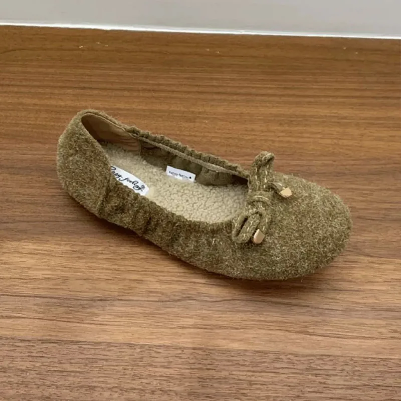Neue Winter-Herbst-Ballerinas mit Fell, warme, weiche, modische Damenschuhe mit runder Spitze, Schmetterlingsknoten, Damen-Ballerinas mit Plüschfutter – Detail 3