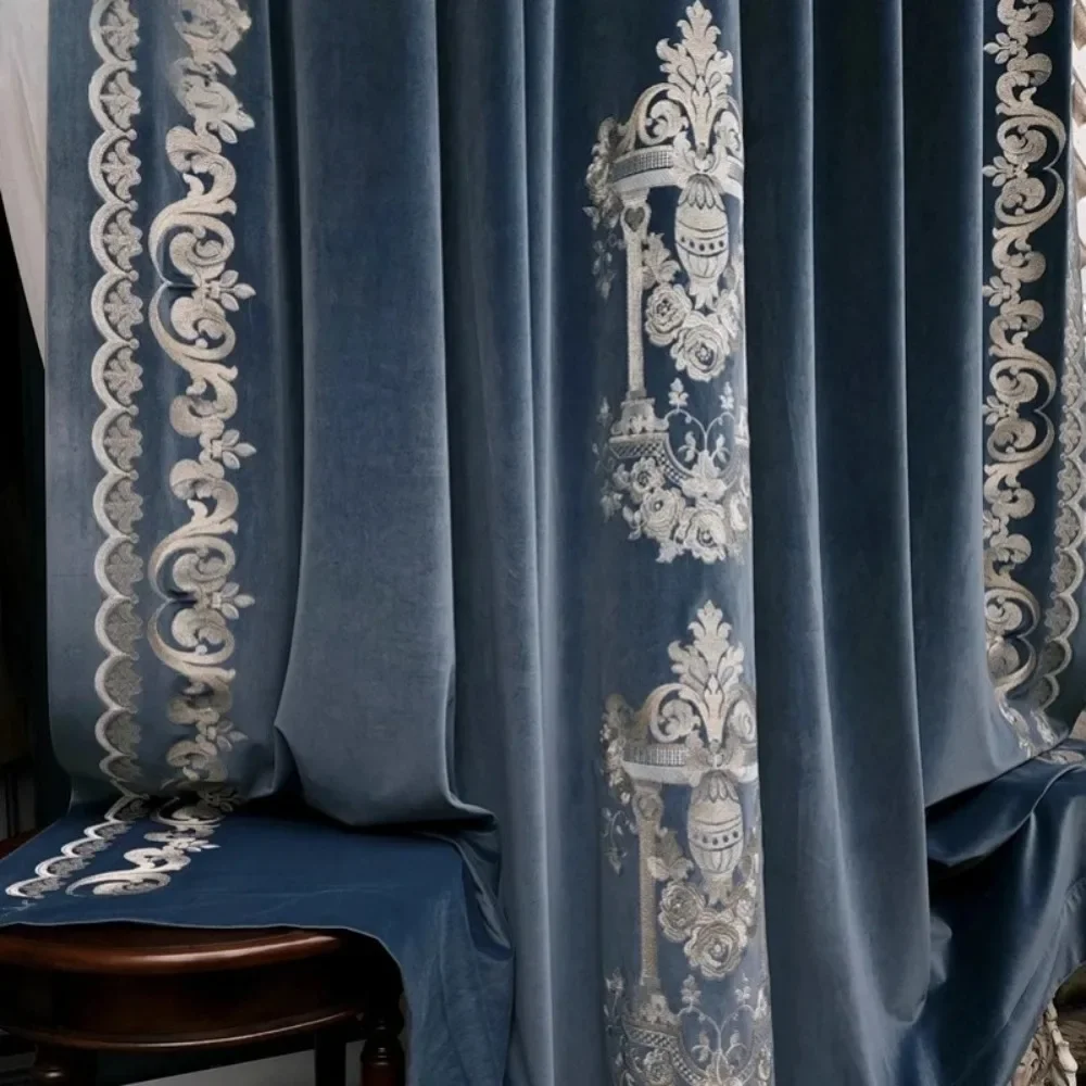 Curtains for Living Room Bedroom French Light Luxury Embroidery Blue Velvet European High-end Villa Blackout Curtains Custom