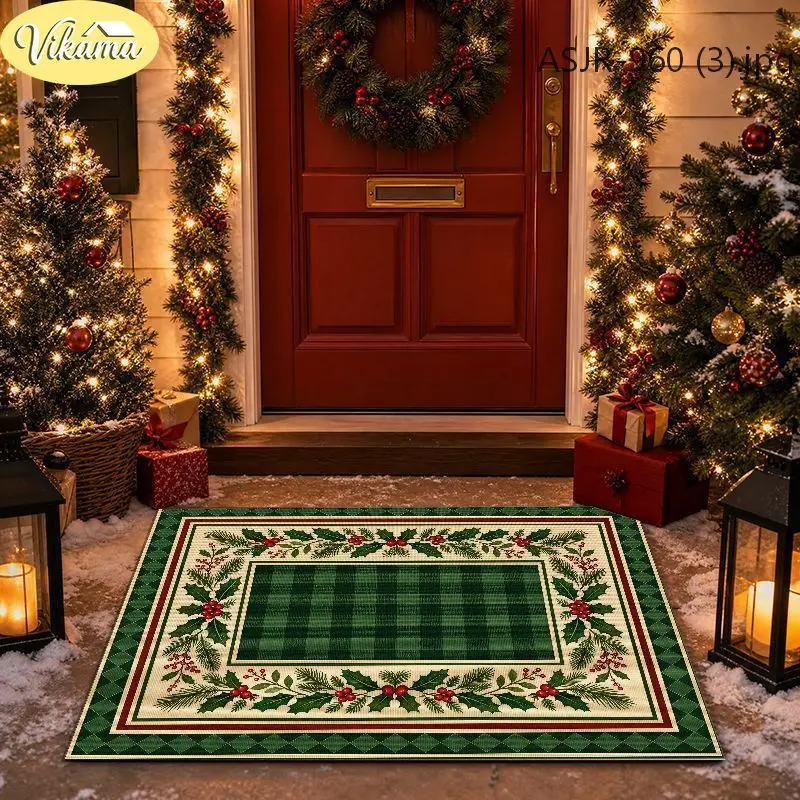 Traditional Vintage Christmas Doormat, Non-Slip Washable Entry Rug, Classic Holiday Bathroom Decorative Mat, Home Decor Gift