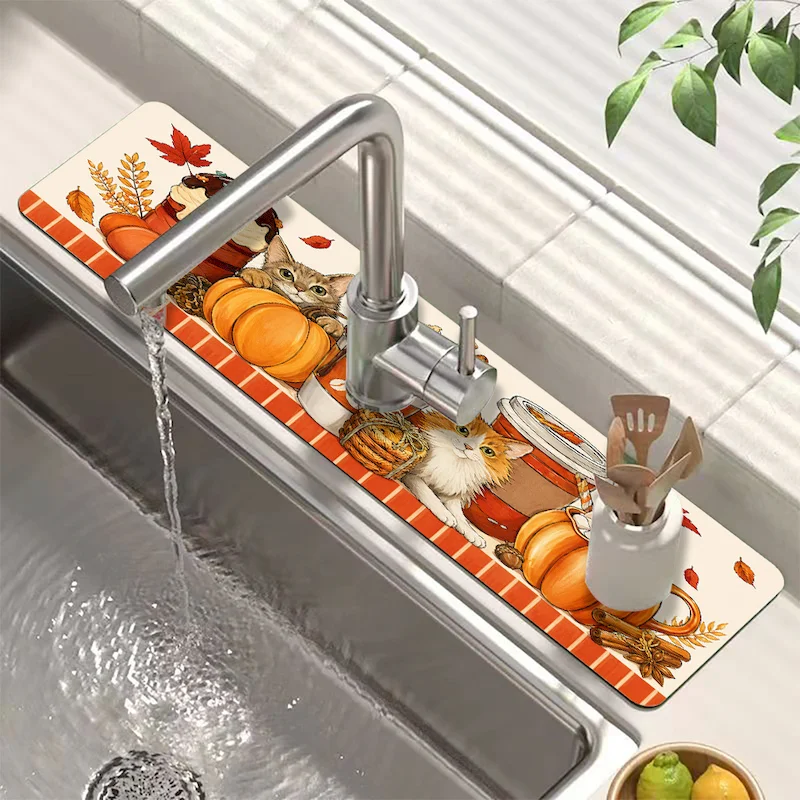 VIKAMA Halloween Pumpkin Cat Printed Faucet Mat Kitchen Absorbent Non Slip Mat Holiday Atmosphere Mat Home Decoration