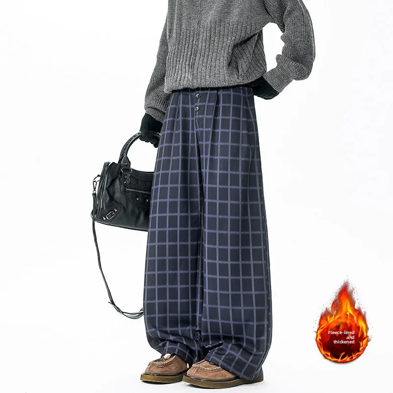 

American Retro Plaid Dstring Elastic Fce Lined Thi Casual Pants Men Trendy Brand Autumn Winter Loose Wide Leg Versati...